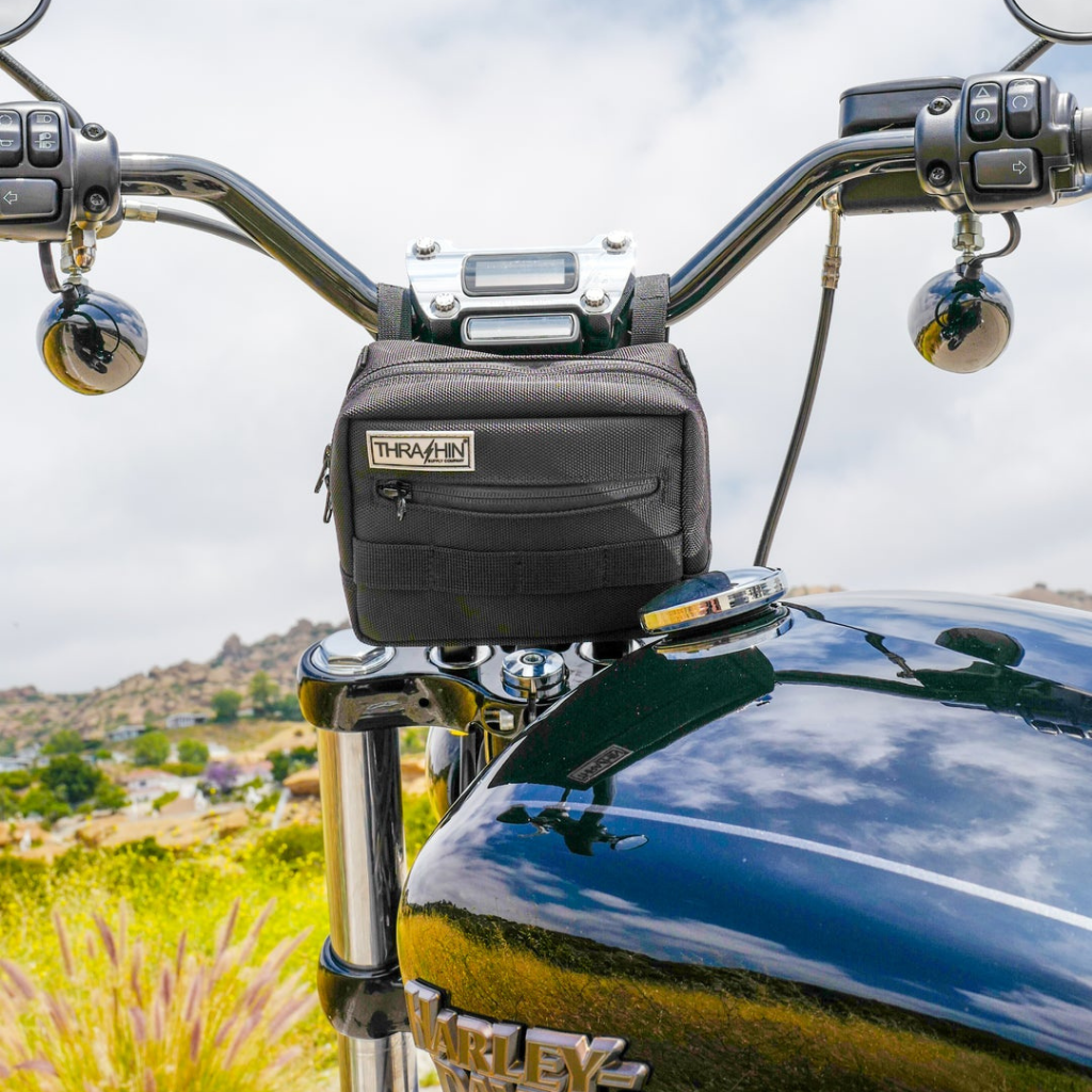 Thrashin Supply Handlebar Bag attached to Harley-Davidson